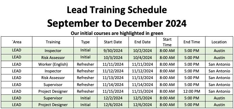 Lead course schedule for 4th quarter 2024